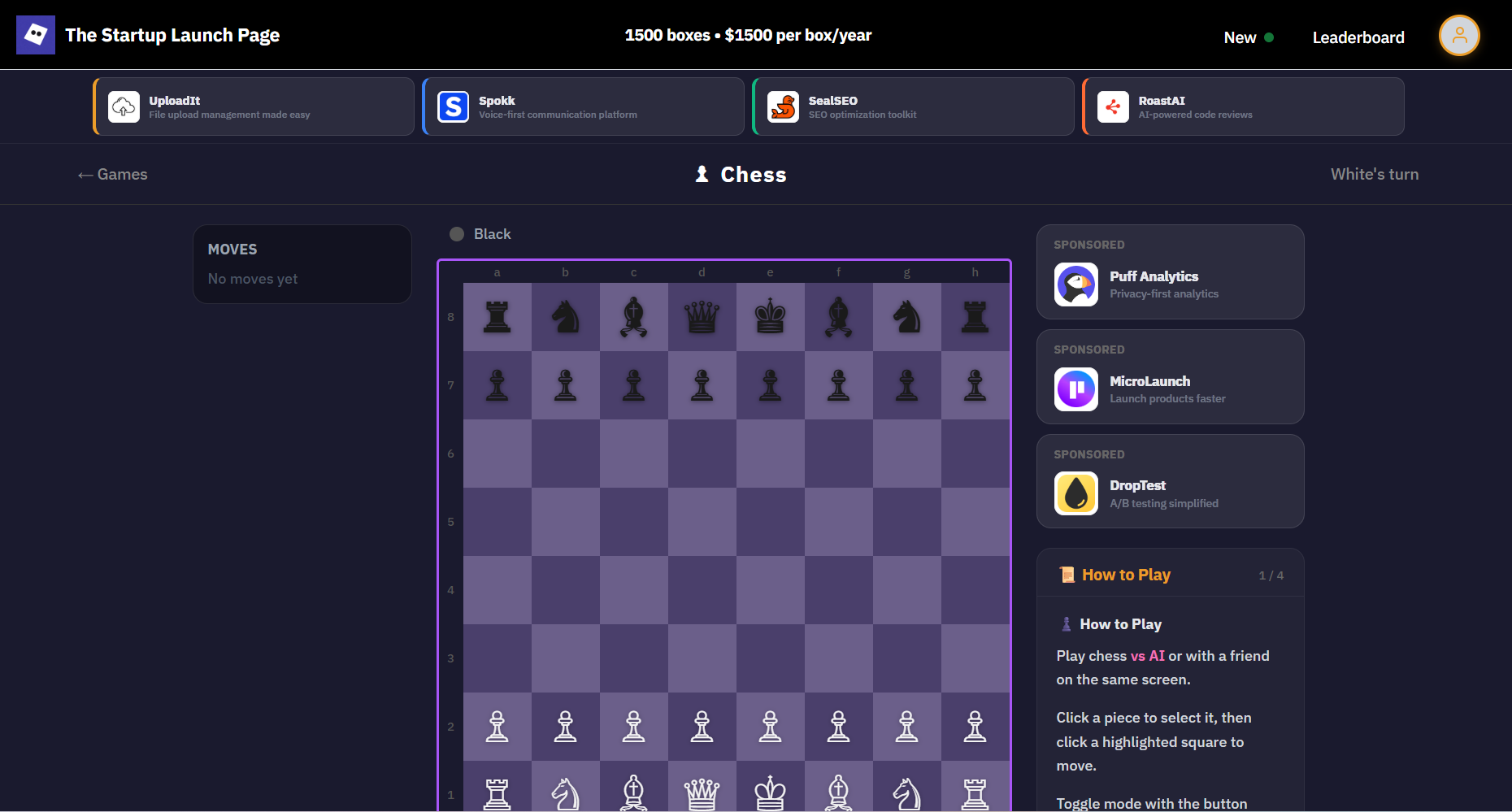Chess game with sponsored startup cards — Puff Analytics, MicroLaunch, and DropTest in the sidebar