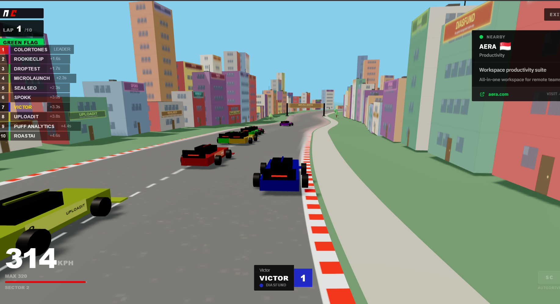 Drive F1 racing game — 10 startup teams on the timing tower: ColorTones leading, RookieClip P2, all names visible