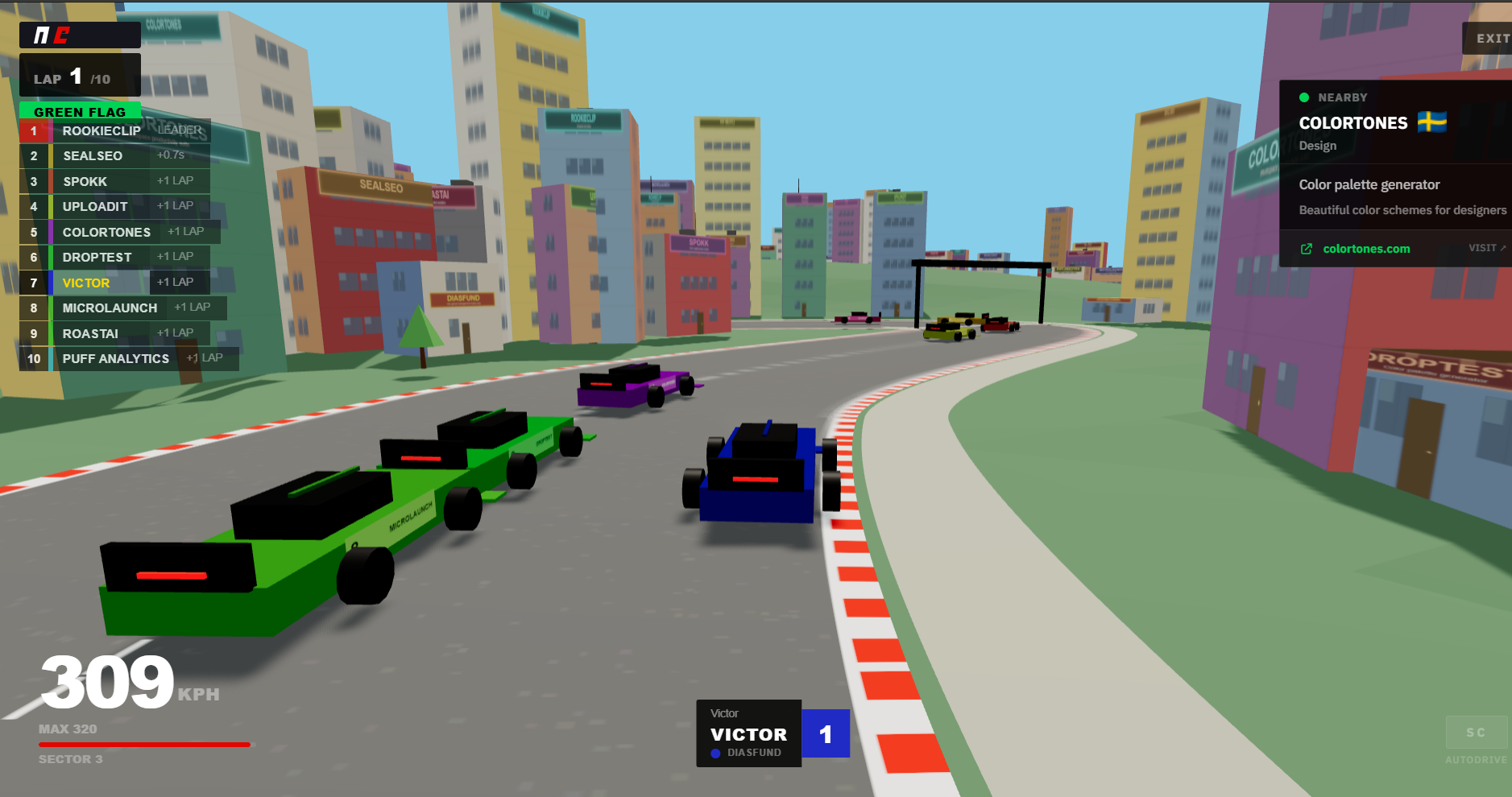 Drive racing — proximity card showing ColorTones details and visit link as player races past branded buildings