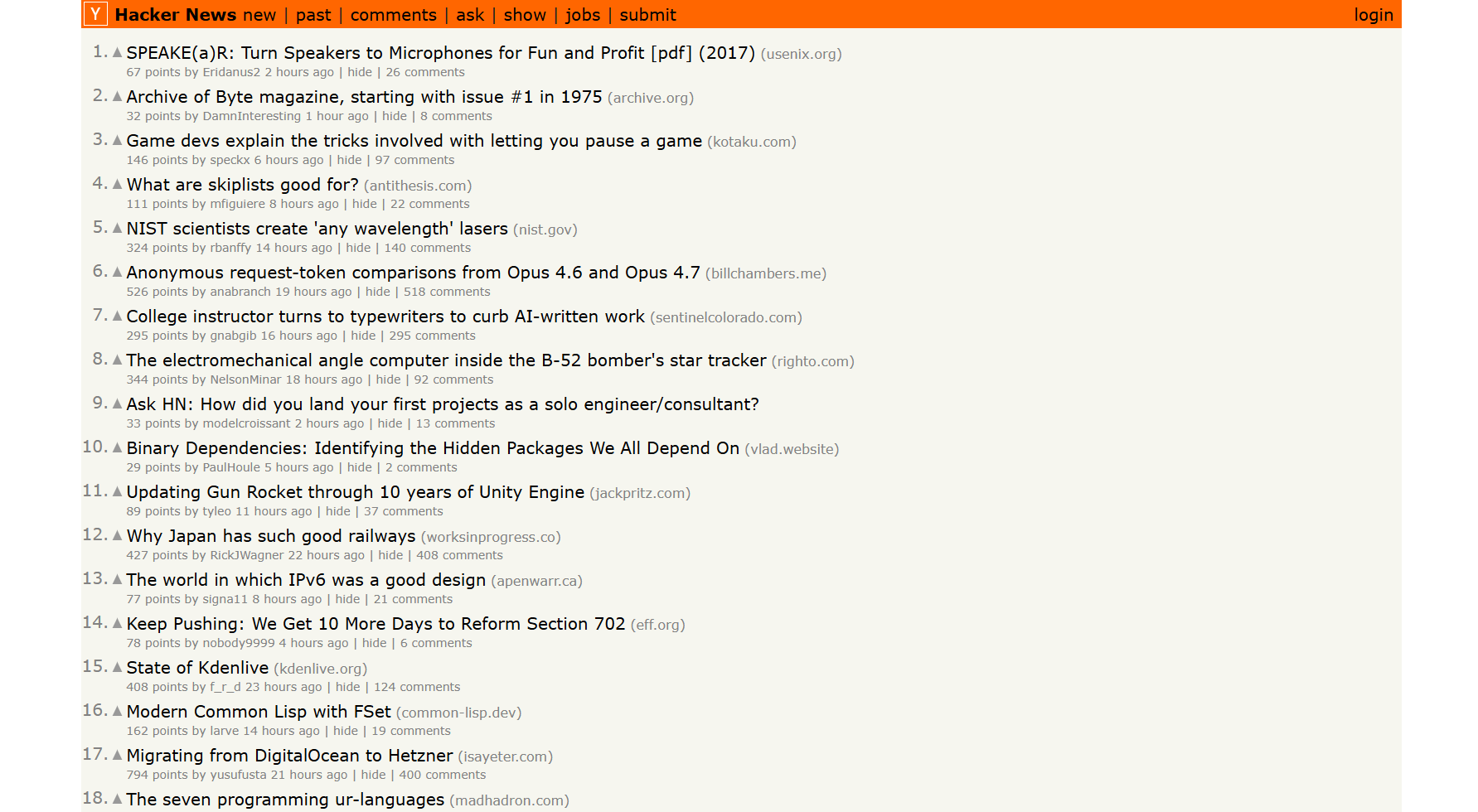 Hacker News homepage — Hacker News alternative for startup launches