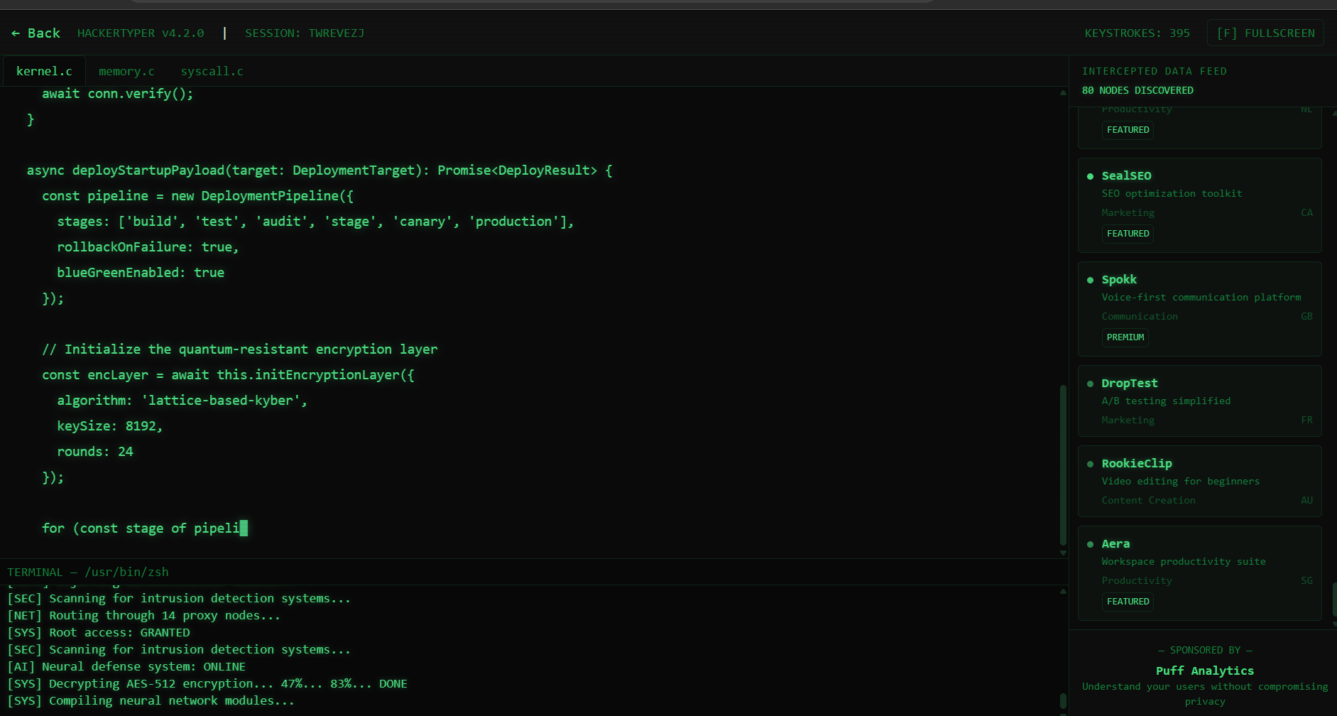 Hacker Typer — Intercepted Data Feed sidebar showing SealSEO, Spokk, DropTest, RookieClip, Aera, and Puff Analytics sponsor