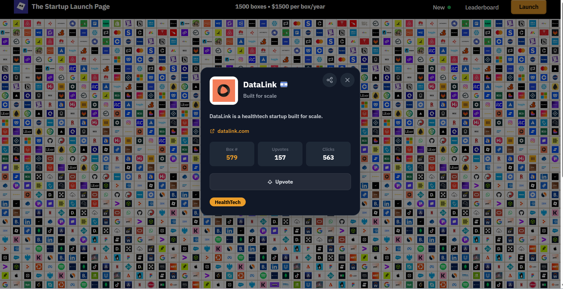 Startup Launch Page — startup modal with upvotes, clicks, and details