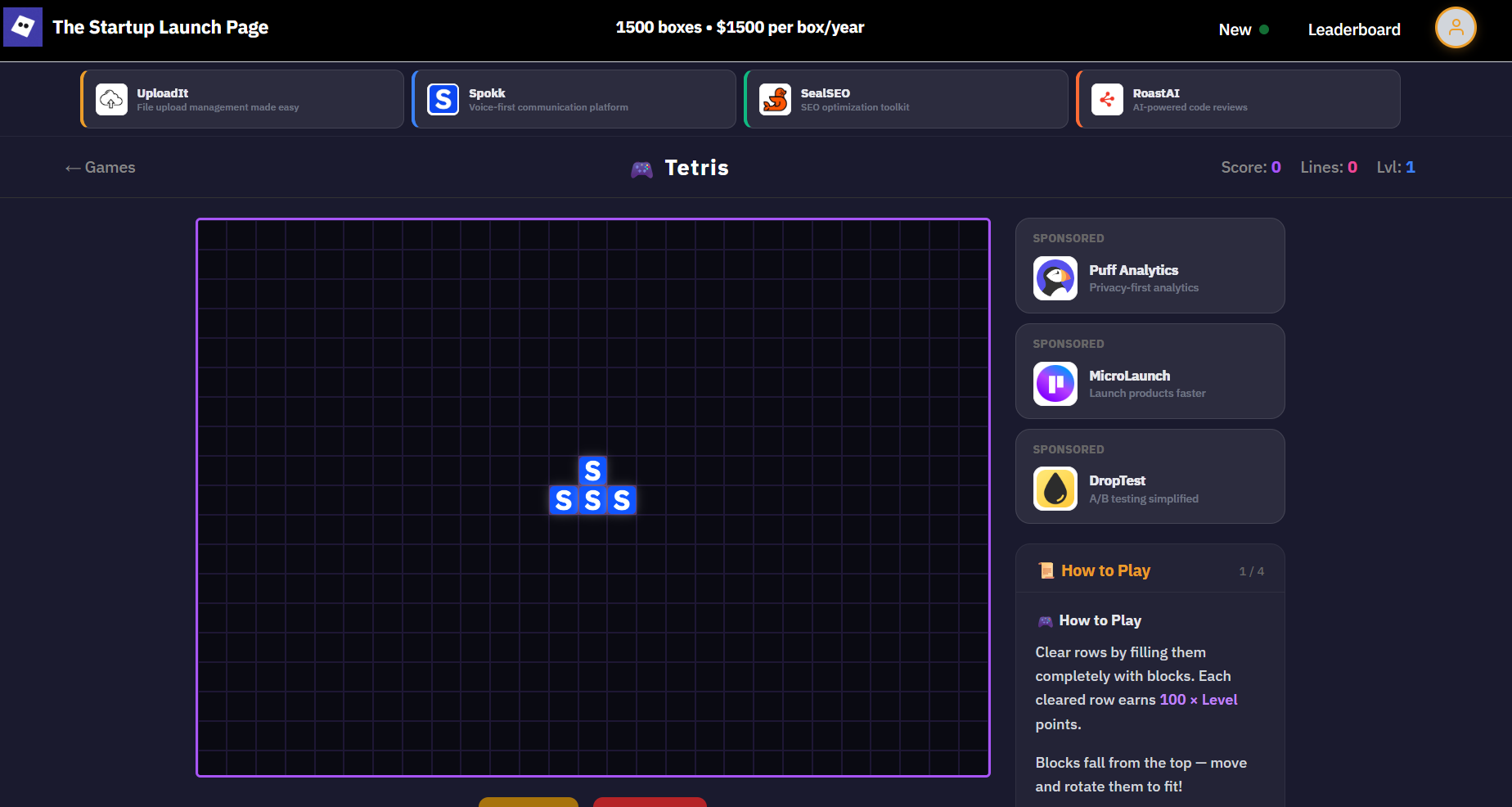 Tetris game with sponsored startup cards — Puff Analytics, MicroLaunch, and DropTest in the sidebar